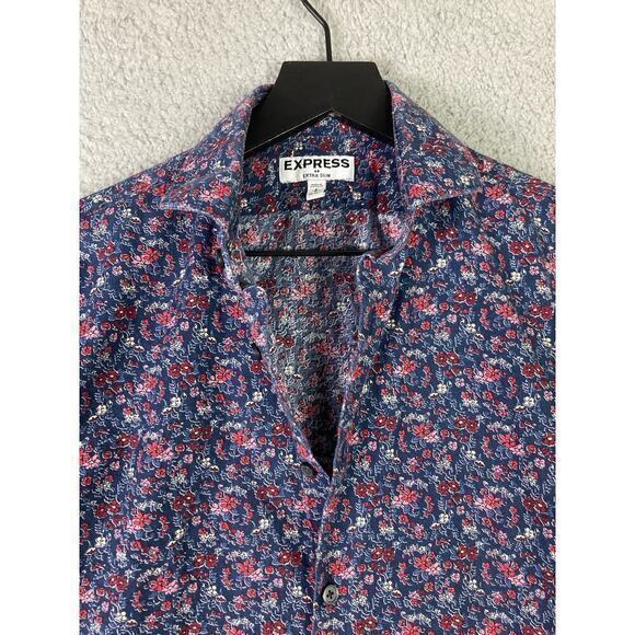Express Men's Extra Slim Fit Floral Blue Long Sleeve Button-Up‎ Shirt S - Picture 3 of 10